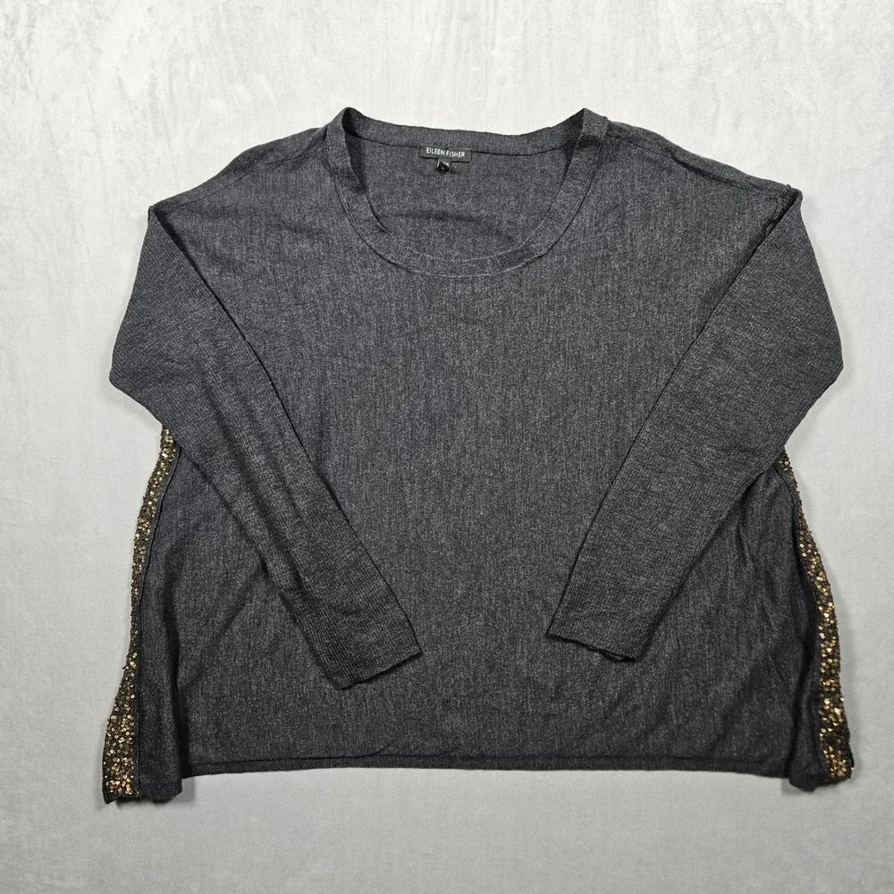 Eileen Fisher Sweater Womens Lare Gray Merino Wool Sequin Trim Scoop‎ Neck Boxy
